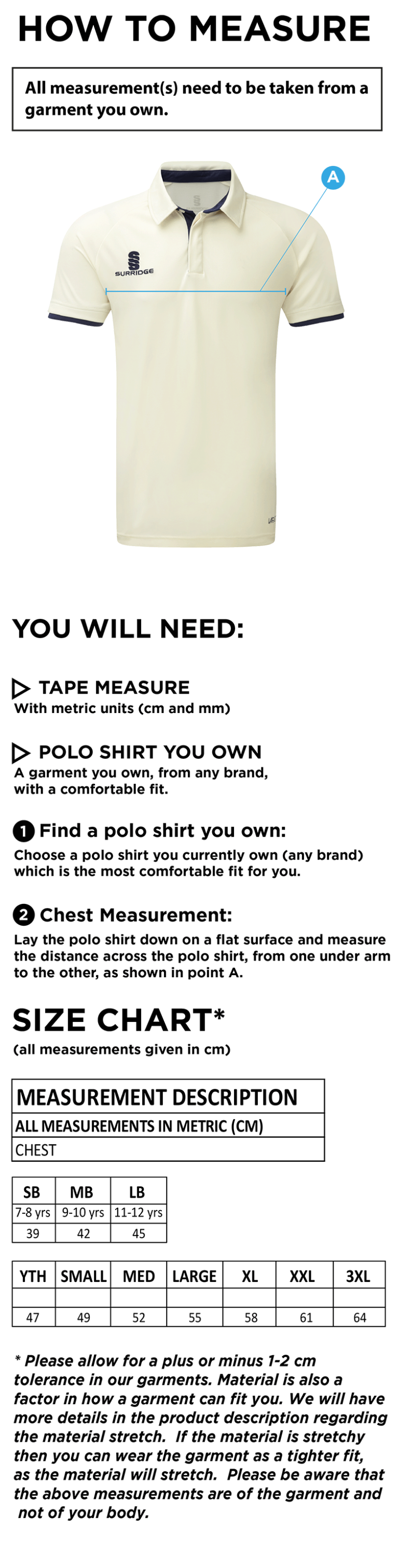 Cricket Short Sleeved Shirt - Size Guide