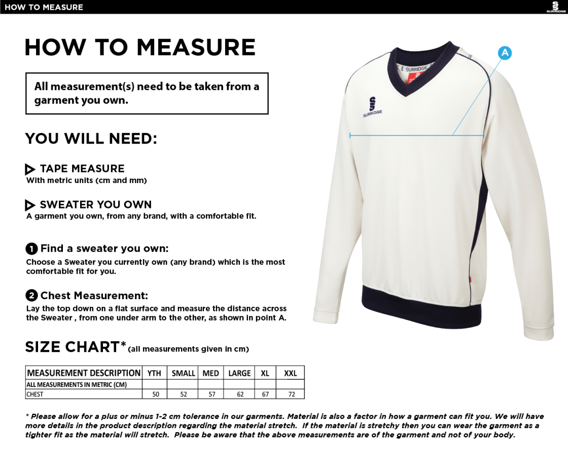Cricket Long Sleeved Sweater - Size Guide