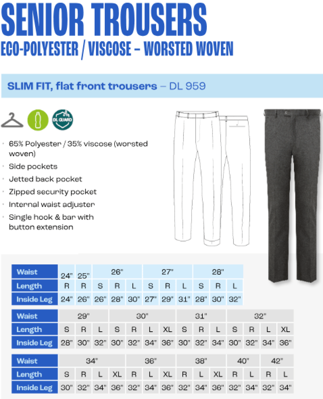 Senior Day Wear - Trousers Slim Flat Front - Size Guide