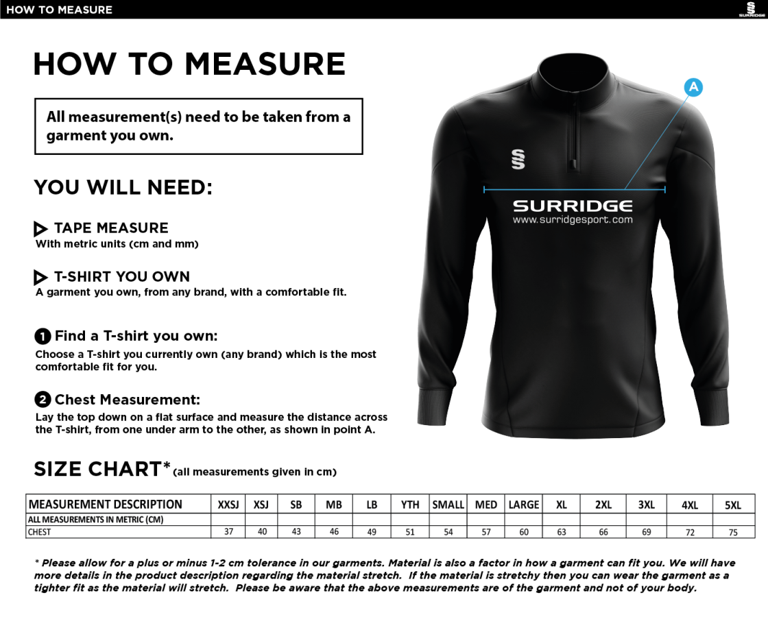 Staff Range - 1/4 Zip Dual Performance Top - Size Guide