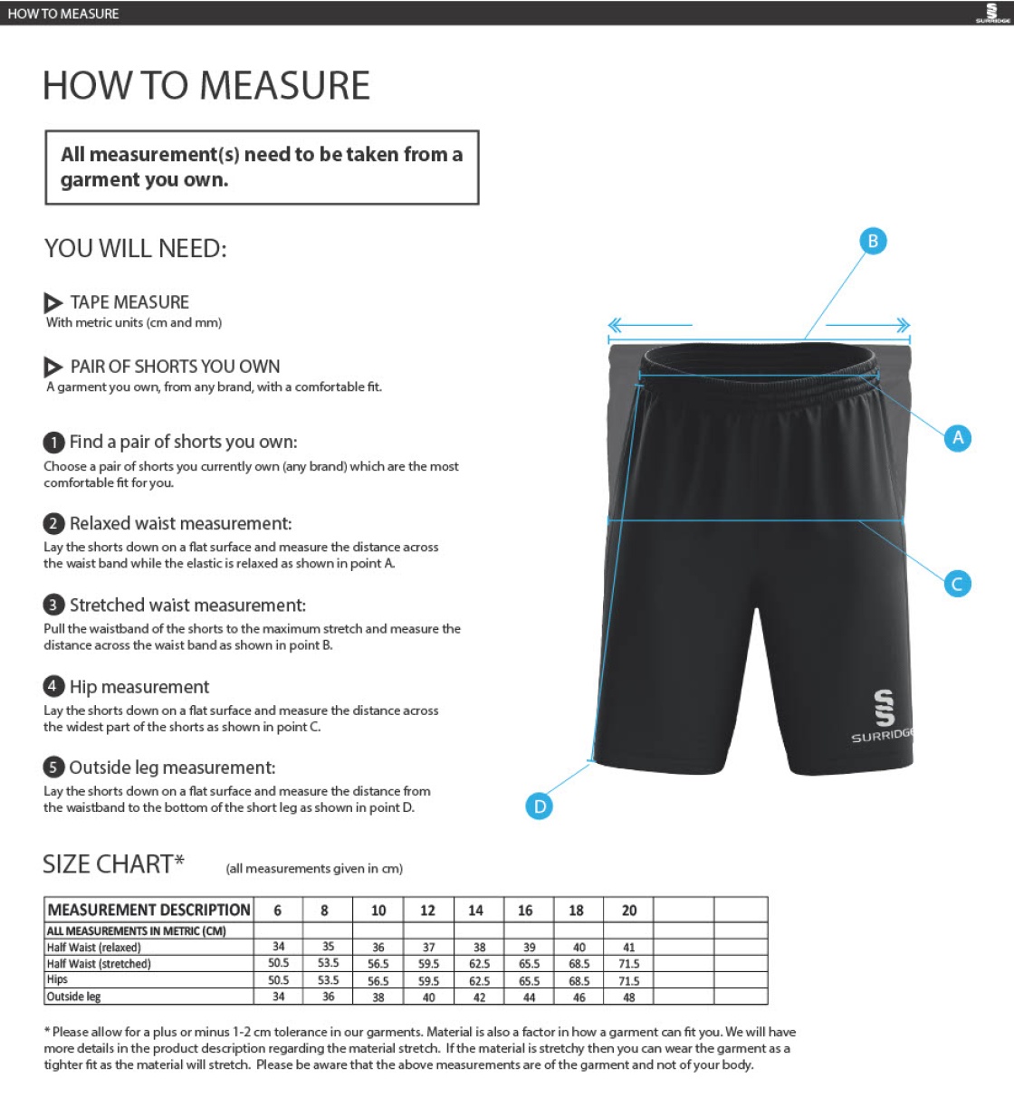 Staff Range - Women's Ripstop Pocketed Shorts - Size Guide