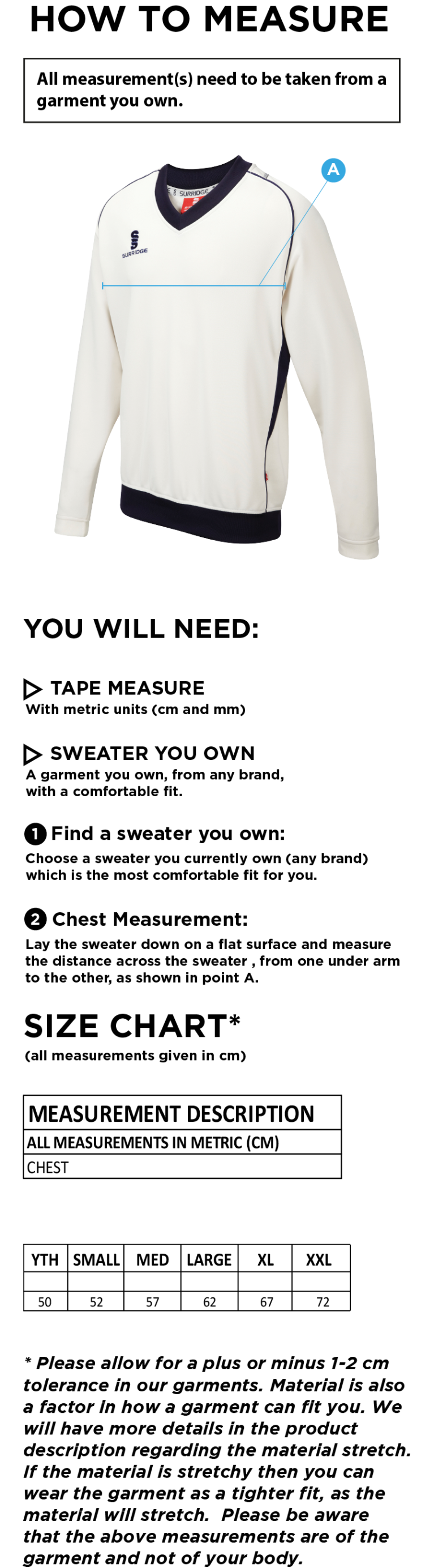 Cricket Long Sleeved Sweater - Size Guide