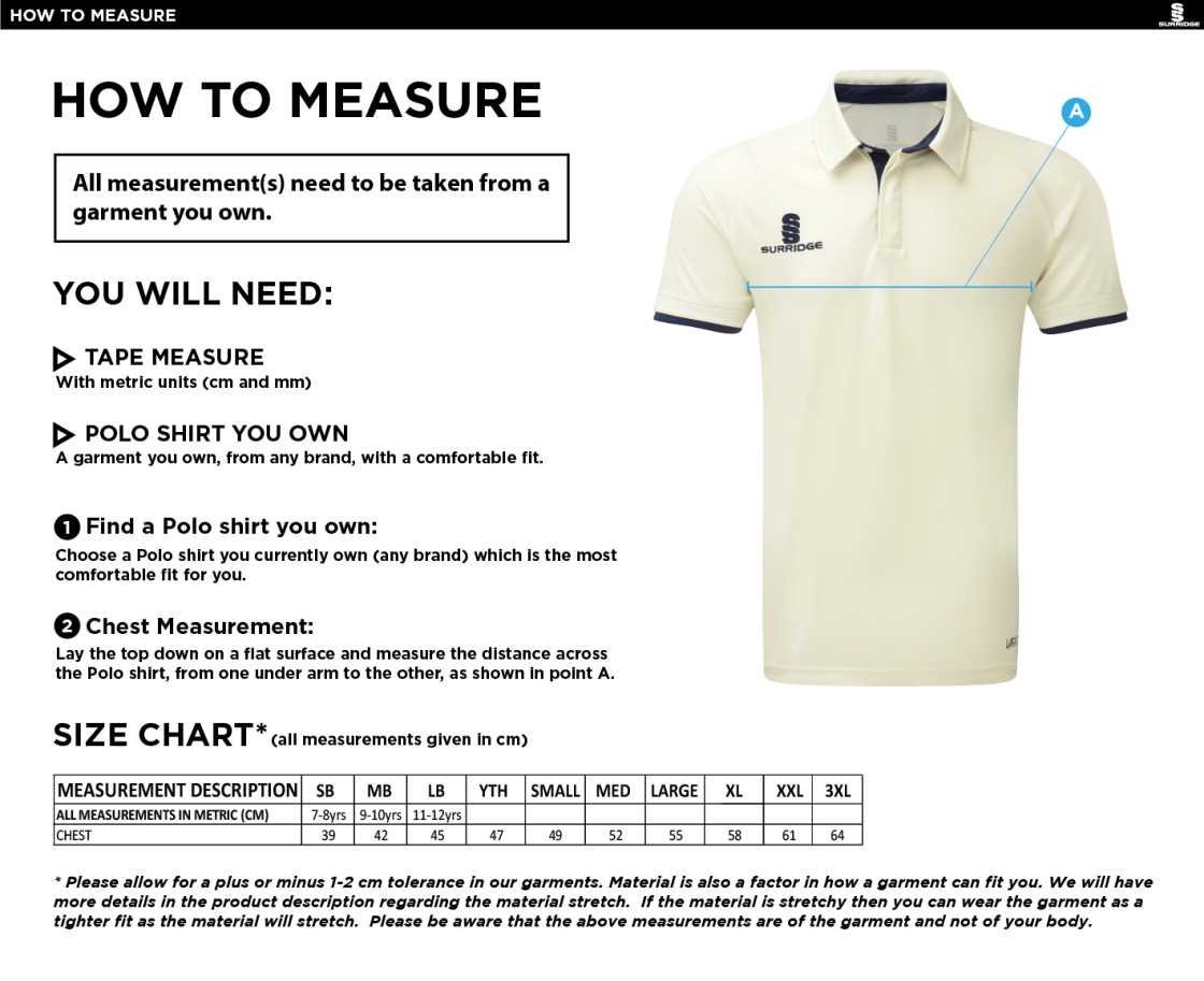 Cricket Short Sleeved Shirt - Size Guide
