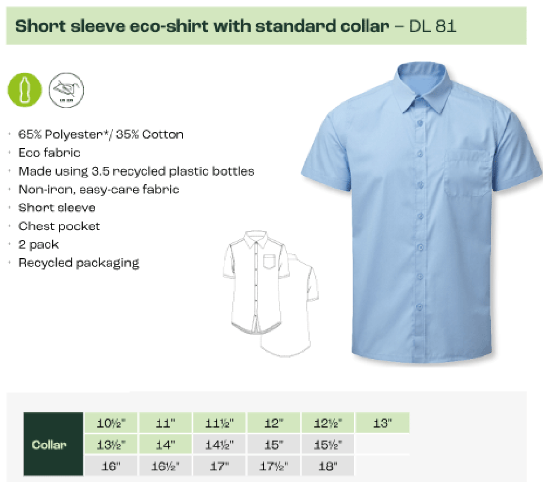 Senior Day Wear - Light Blue Sleeved Shirt Shirt (Twin Pack) - Size Guide